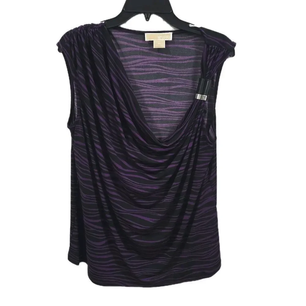 Michael Kors Women's Top Size 1X Purple Black Zebra Print Drape Neck Sleeveless